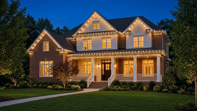 Two-story brick and siding home at dusk, with warm white permanent lights in a slim track along every roofline and gable