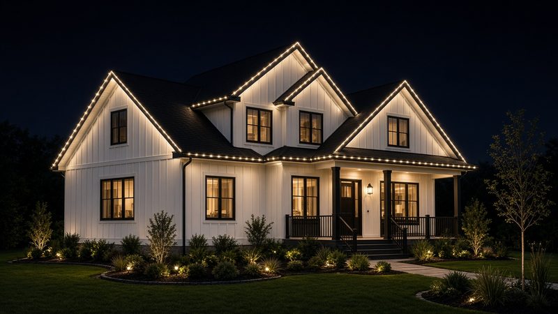 White farmhouse at night, with warm white permanent lights tracing every gable, peak and the porch roof