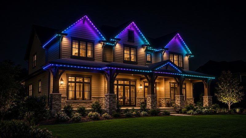 Craftsman-style home at night with permanent roofline lights set to a blue, violet and teal color scene