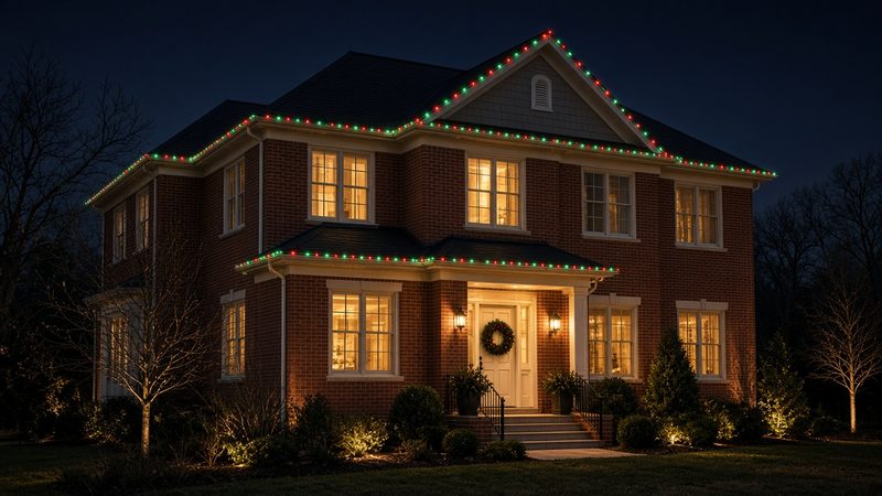 Red brick two-story home at night with permanent track lights set to an alternating red and green holiday scene