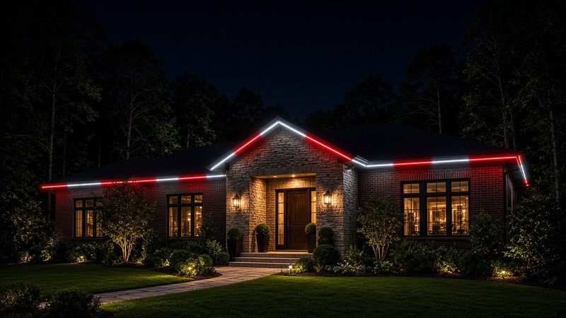 Brick and stone ranch home at night with permanent roofline lights set to a red and white game-day scene