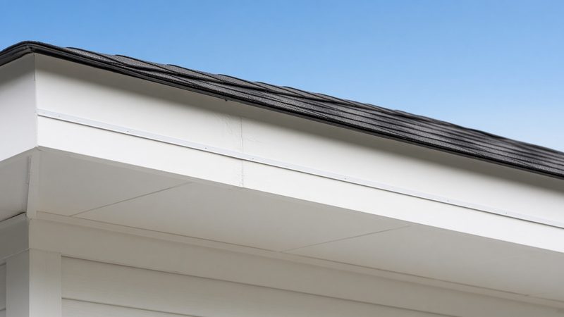 White eave in daylight; a slim track color-matched to the trim runs under the roof edge and blends in