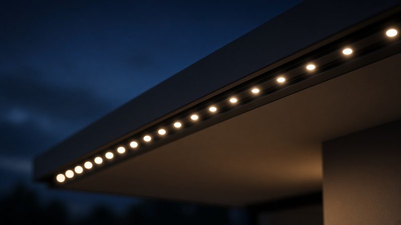 Night close-up of evenly spaced warm white LED points set into a slim track under an eave