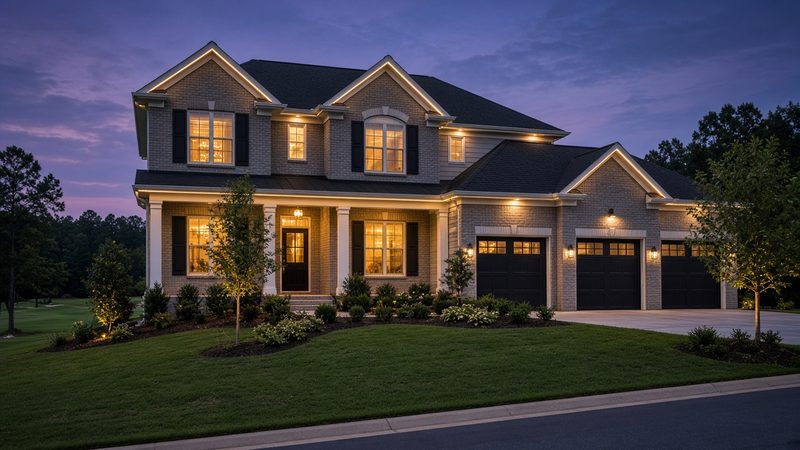 Gray brick two-story home with a three-car garage at twilight, with a subtle warm white line along the rooflines